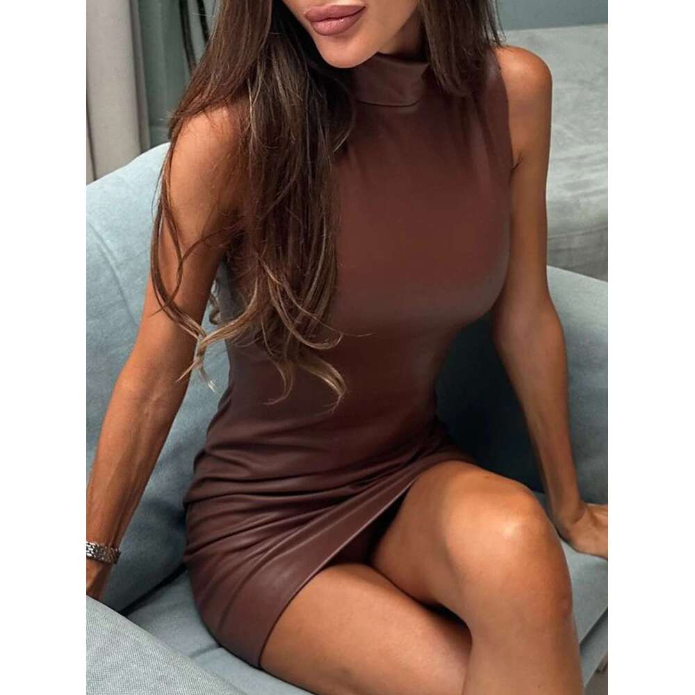 Sexy brown PU leather mini summer women clothing elegant bodycon club birthday party dress short evening dresses vestidos