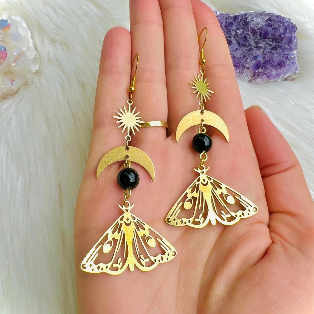 Witchy Inspired Accessories: Artisanal Crescent Pendant and Insect Charm Pairing
