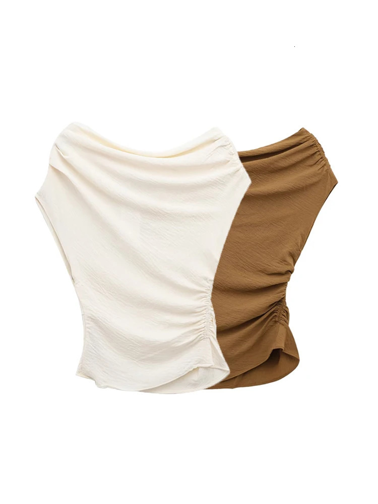 TRZA Womens Asymmetric Draped Blouse ONeck Sleeveless Chic Fashion Top Female Shirt 250515