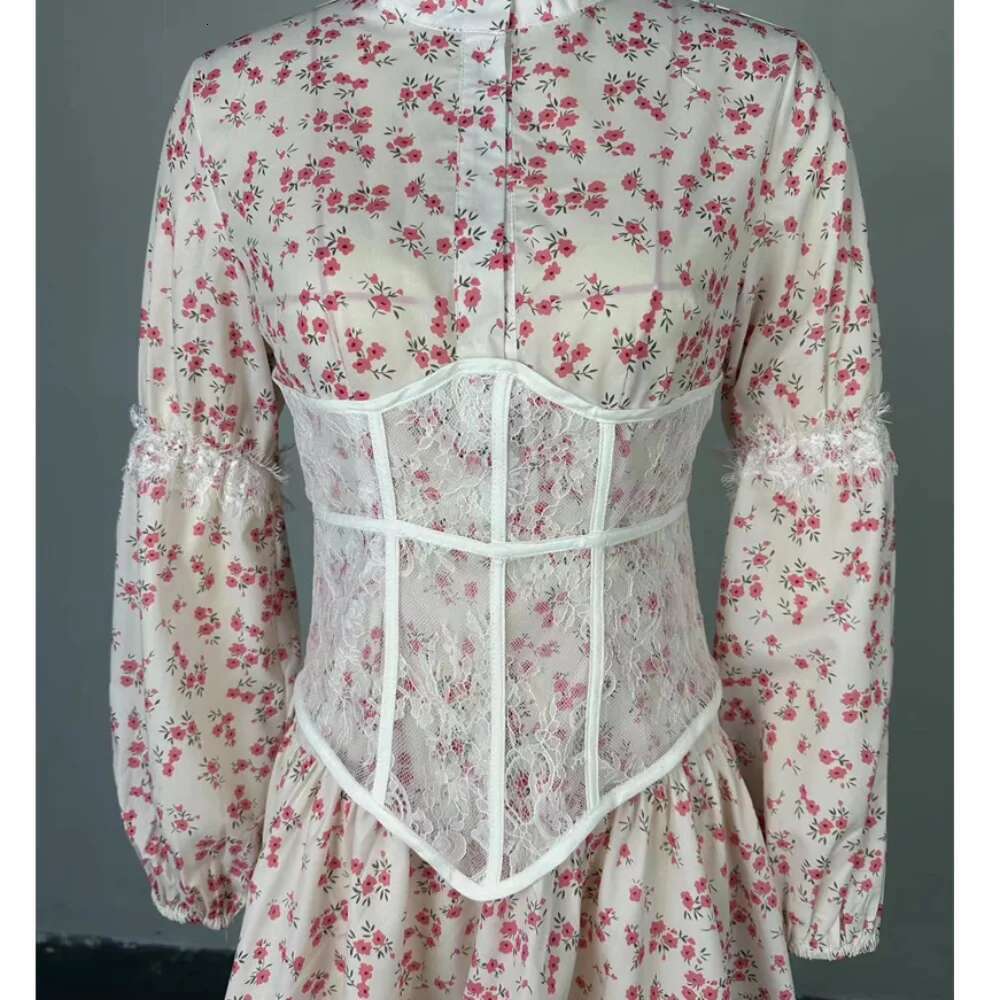 Printed Mini V-Neck Ruffled Lace Dress High Waist Slim Fit Short Dresses Summer
