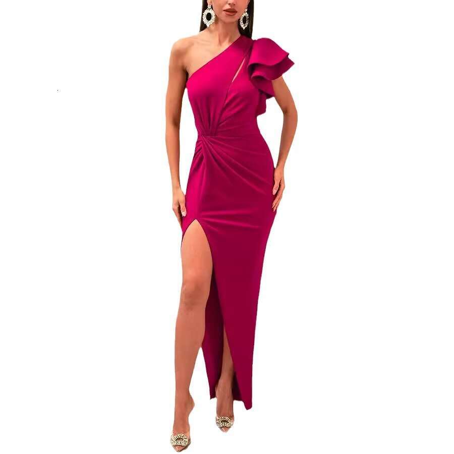 Women's oblique shoulder hollow lotus leaf sleeves solid color slit dress 8082