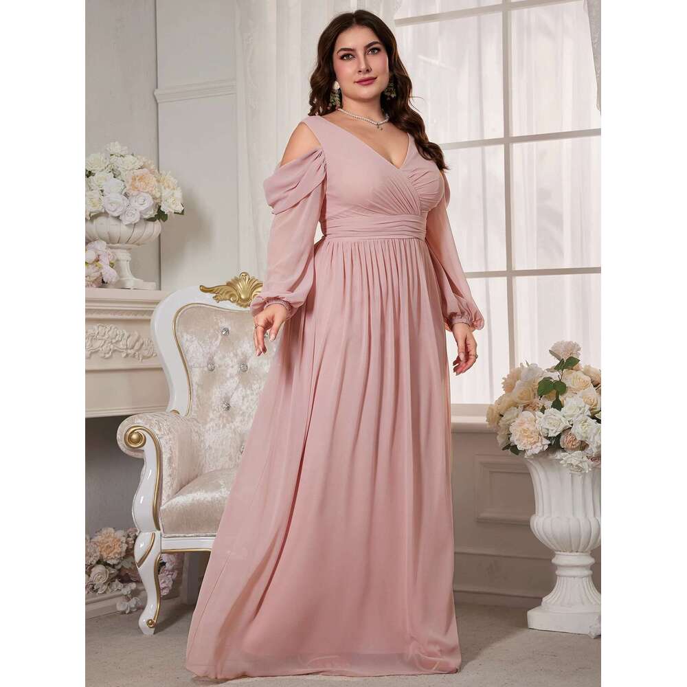 Unithorse Plus Size Women's Bust Ruched Long Sleeve Floor-Length Pink Chiffon Dress