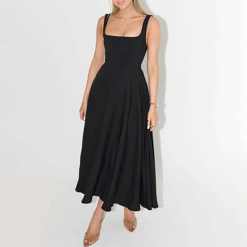 2025 summer new simple and sexy solid color shoulder strap slim fit mid length dress