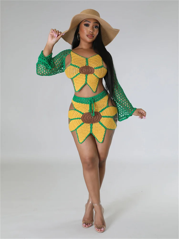 Weird Puss 2 Piece Sets Women Outfit Crochet Sunflower Backless Hollow TopsSkinny Skirt Beach Party Summer Trend Matching Suits 250515