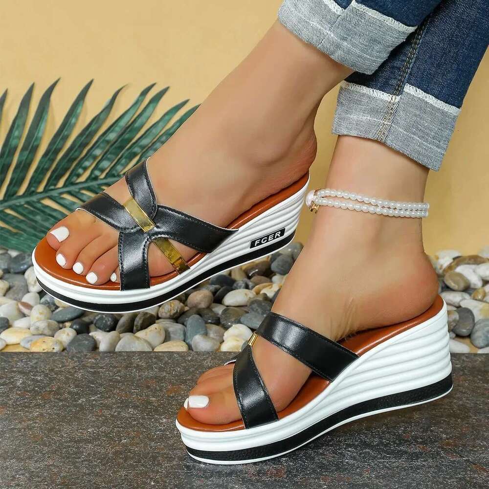 Women's Wedge Leopard Print Summer 2025 New Fashion High Heel Sandals Casual Plus Size One Line Cool Platform Slippers