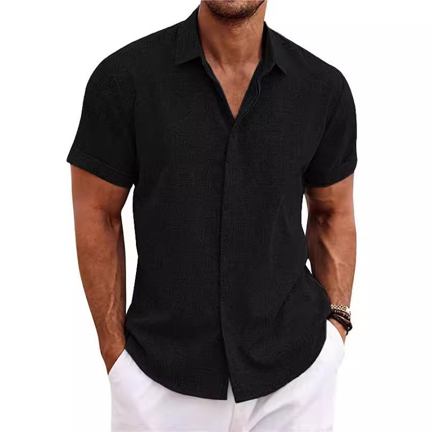 2025 Spring And Summer New Men's Double Breasted Designer Design Cotton And Hemp Cardigan High Quality Solid Color Short Sleeve Shirt