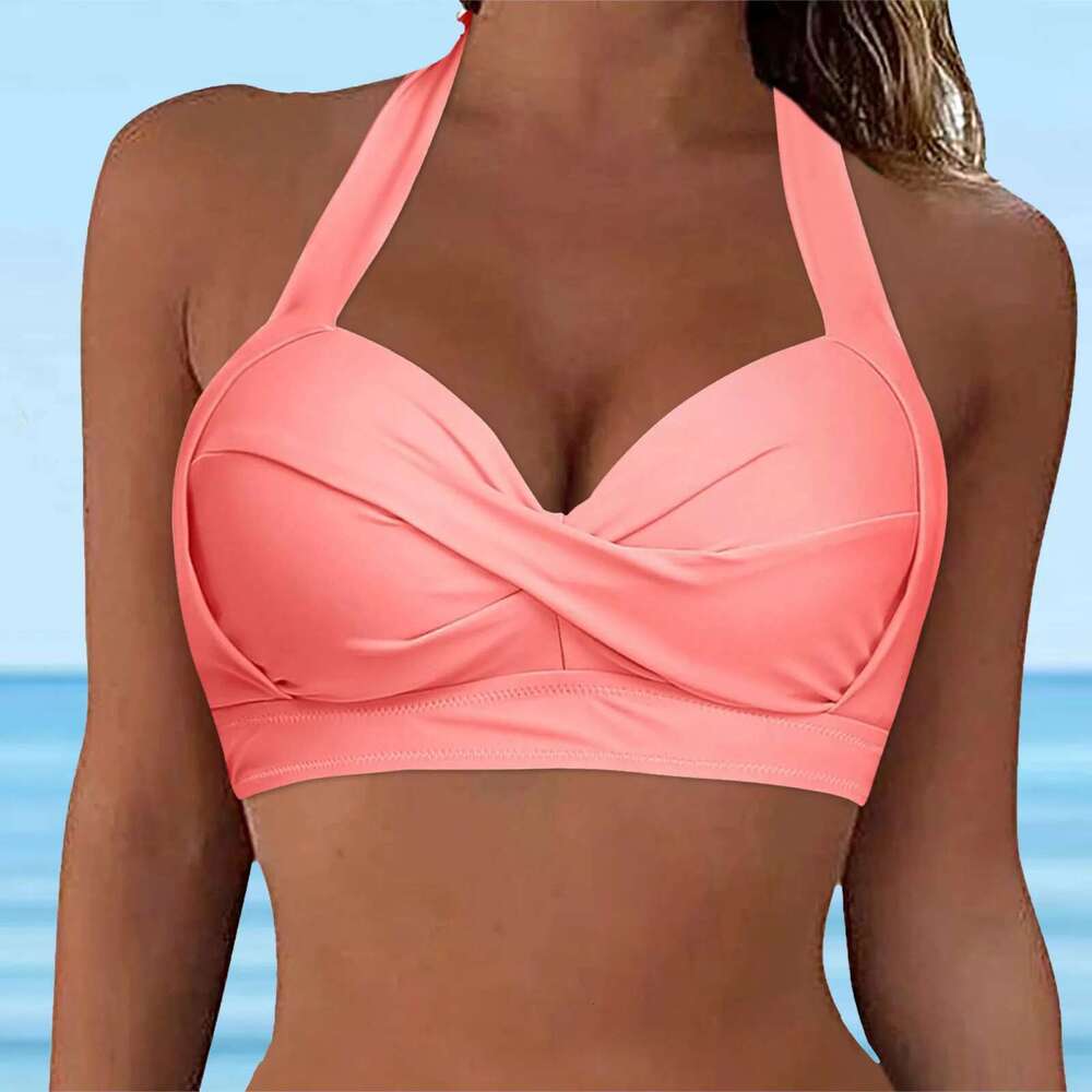 Women Solid Swimwear Hanging Neck Suspender Full Coverage Push Up Padded Bikini Backless Front Ruched Large Chest Bra