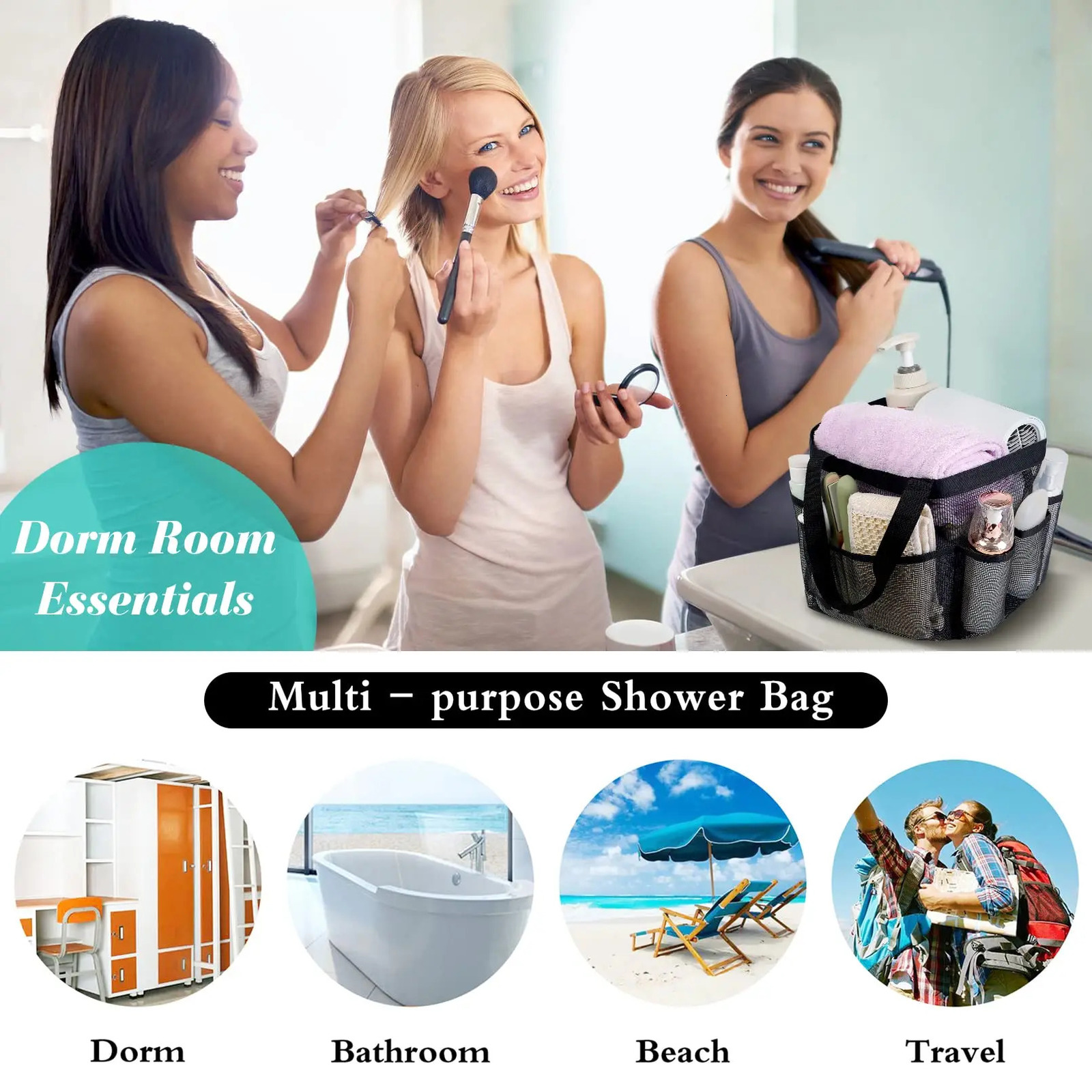 Mesh Shower Caddy for College Dorm Necessities Portable Travel Shower Basket Shower Tote Bag for Girls and Boys with 8 Pockets 250515
