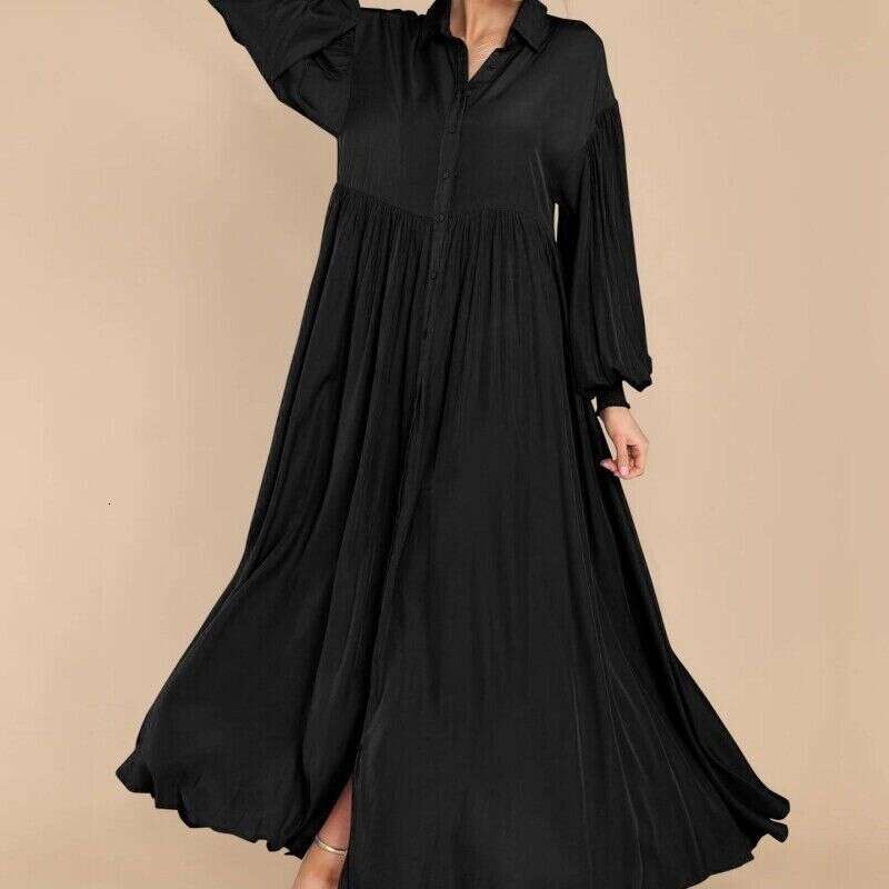 White Dress Maxi Dress 2024 New Women's Casual Solid Color Button Flip Collar Hundred Pleats Sleeve Extra Long Dress KQ