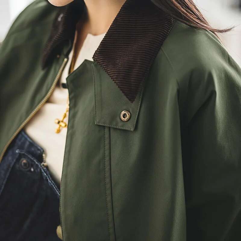 Maden Retro Women's Corduroy Patchwork Jacket Green Casual Lapel Spey Hunting Jackets For Spring With Zippered Front Outerwear