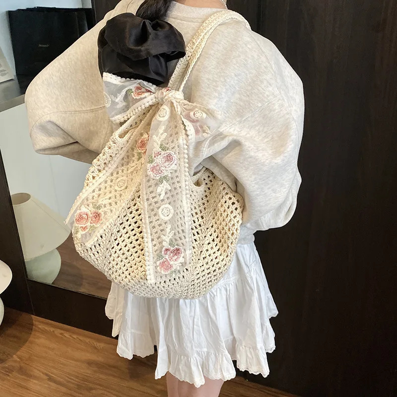 Summer Beach Bag Mesh Women Woven Lace Bow Shoulder Purse Large Capacity Clutch Purse Solid Color Shopping Vacation Travel 250515