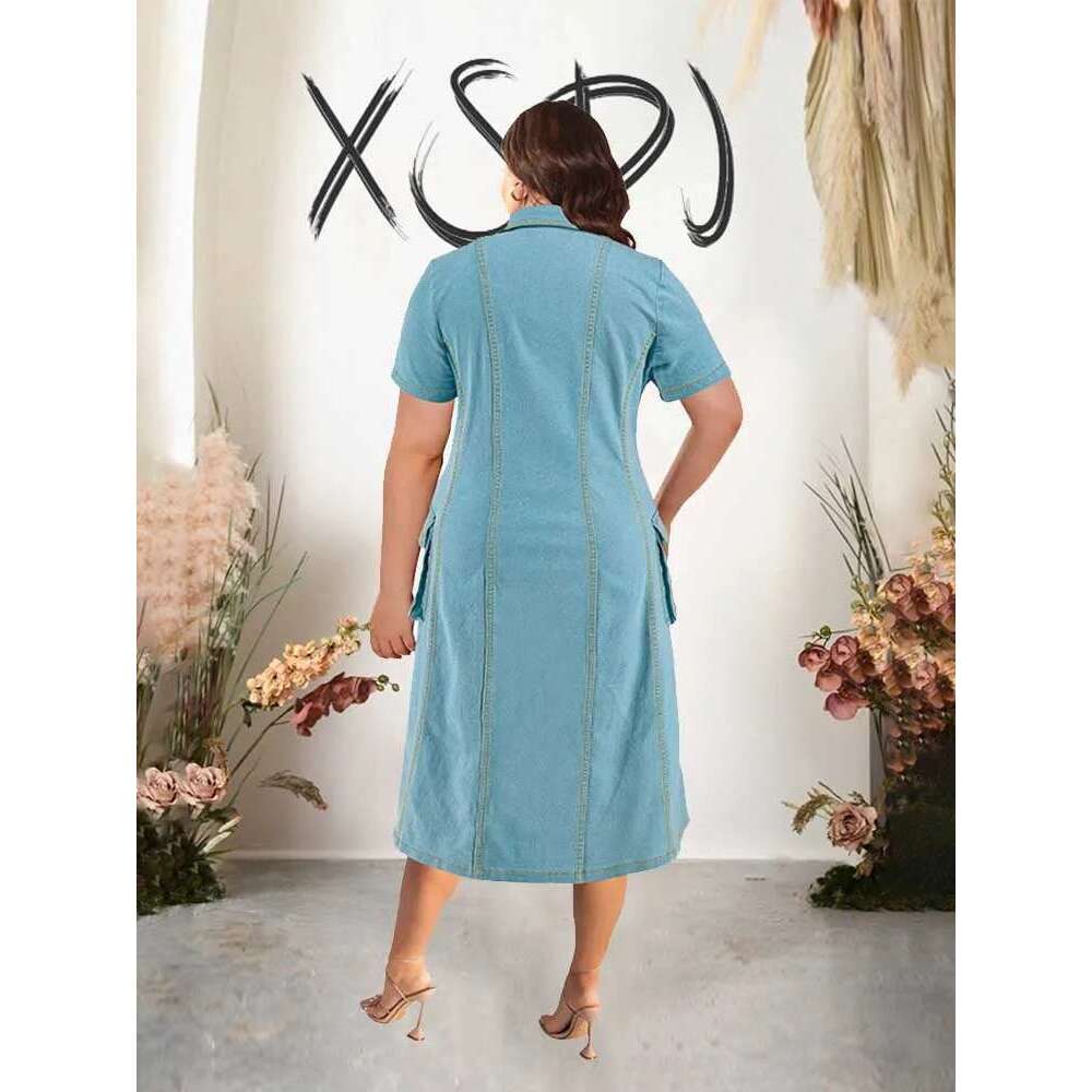 5xl Womens Plus Size Clothes Button Front Sky Blue Loose Summer Curvy Denim Long Dress with Sleeves