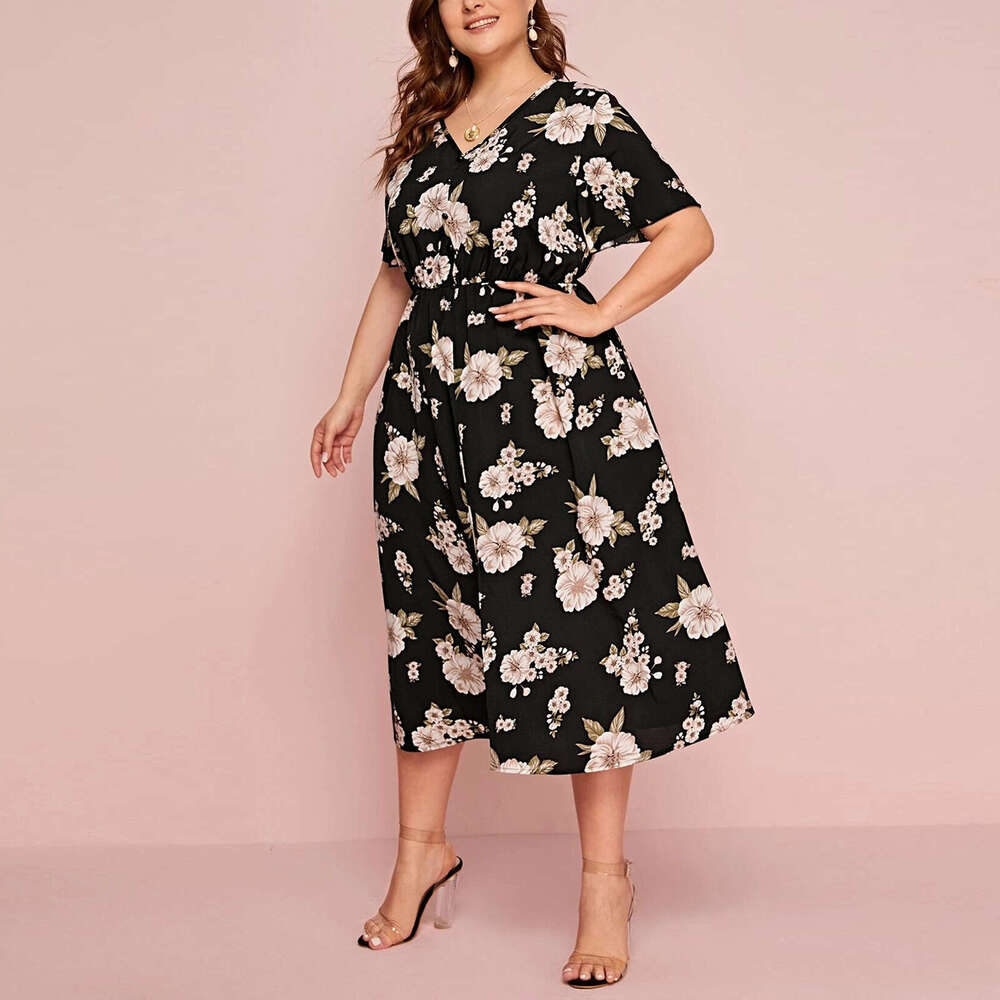 Plus Size Beach Dress Vestidos Fulllace Women Designer Clothing Large Womens Floral Print Short Sleeved Dress with Waistband Loose Slit Medium Length 