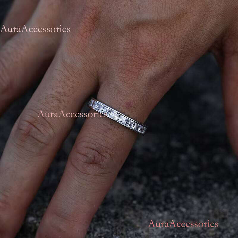 Hiphop Dainty Jewelry White Gold Plated Brass Iced Out Baguette 1 Rows Cz Tennis Chain Bling Cubic Zircon Sliver Rings