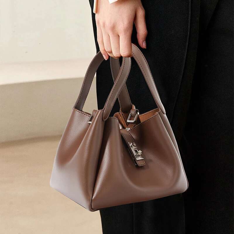 Genuine Leather Lazy Style Shopper Basket Bag,Cowhide Crossbody Shoulder Bag,Women Versatile Commuter Tote Bag,High-End Handbag