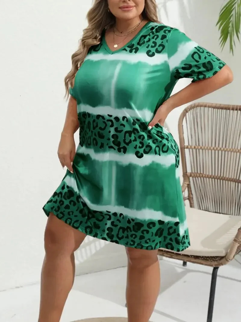 Womens Plus Size 1XL-8XL Fashion Casual Dress Short Sleeve Dress Tie Dye Leopard Short Sleeve V Neck Slight Stretch Dress 250509
