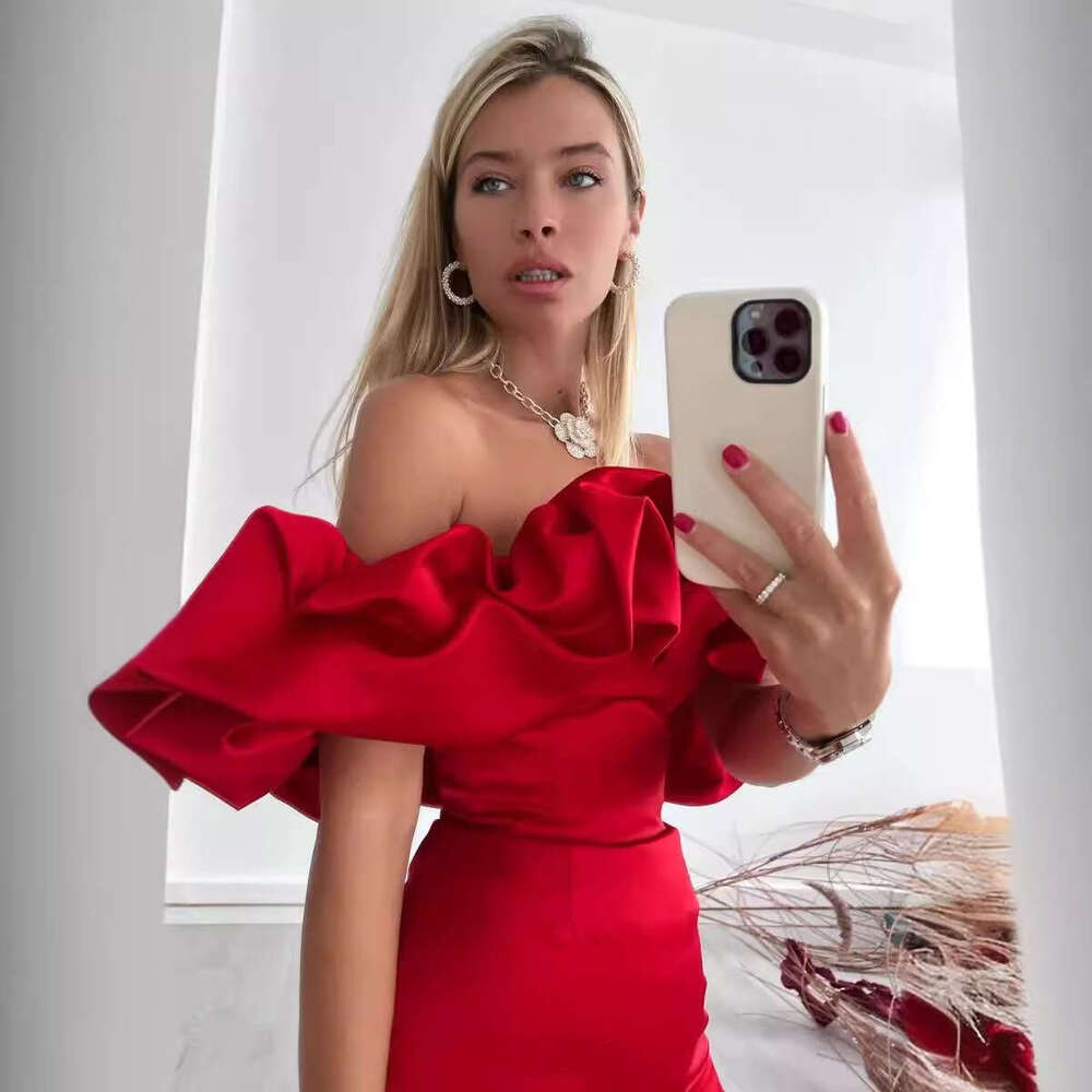 White Dress Maxi Dress 2024 Summer Celebrity Women's With Ruffle Edge Sexy Oblique Shoulder High End Elegance Dress KQ