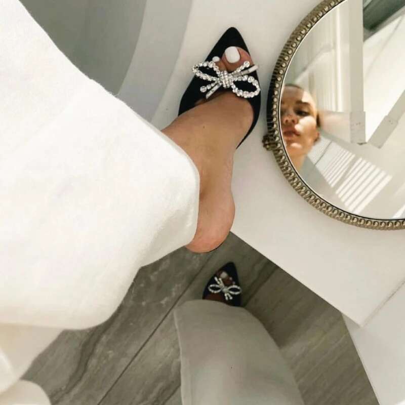 Bow Rhinestone Fish Mouth Open Toe High Heels Wine Cup Mid Heel Sandal Slippers Women