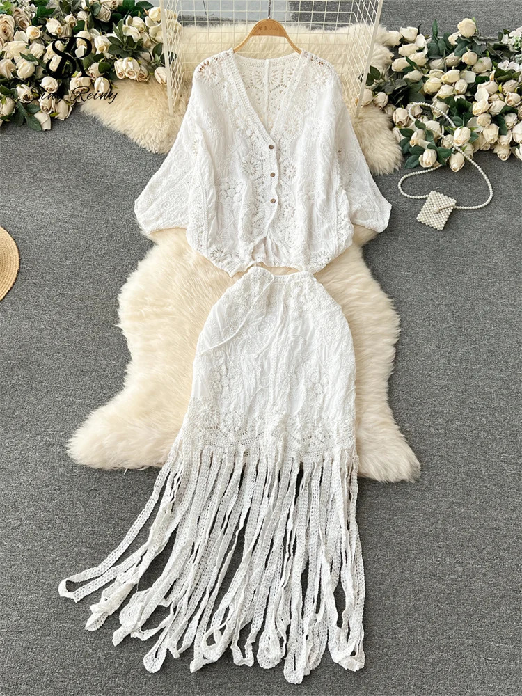 SINGREINY Bohemian Style Women Loose Suits Hook Flower Hollow Out Bat Sleeve ShirtTassels Drawstring Bodycon Skirt Spring Sets 250515