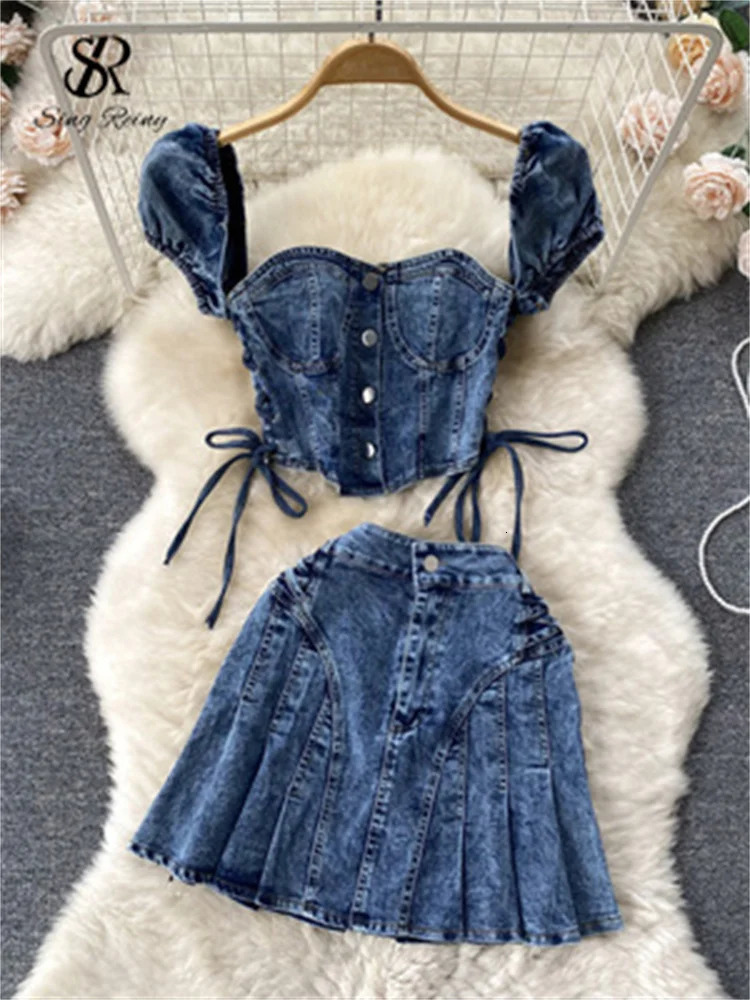 SINGREINY Vintage Denim Sets Women Off Shoulder Straps Mini TopPleated Short Skirt Fashion Summer Sexy Two Pieces Suits 250515
