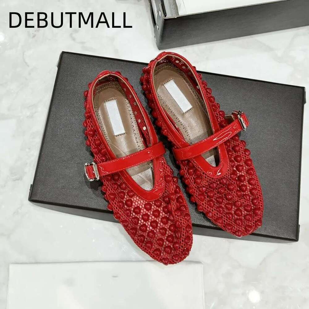 New patent leather patchwork mesh heart-shaped flat bottom straight strap Mary Jane single shoe ballet shoes