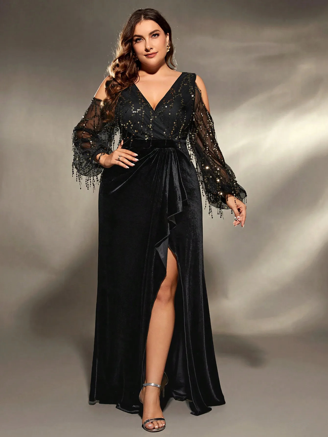 Mgiacy plus size deep Vshaped cross neck shoulder open collar sequin splicing velvet irregular lotus leaf matching seam dress evening gown 250506