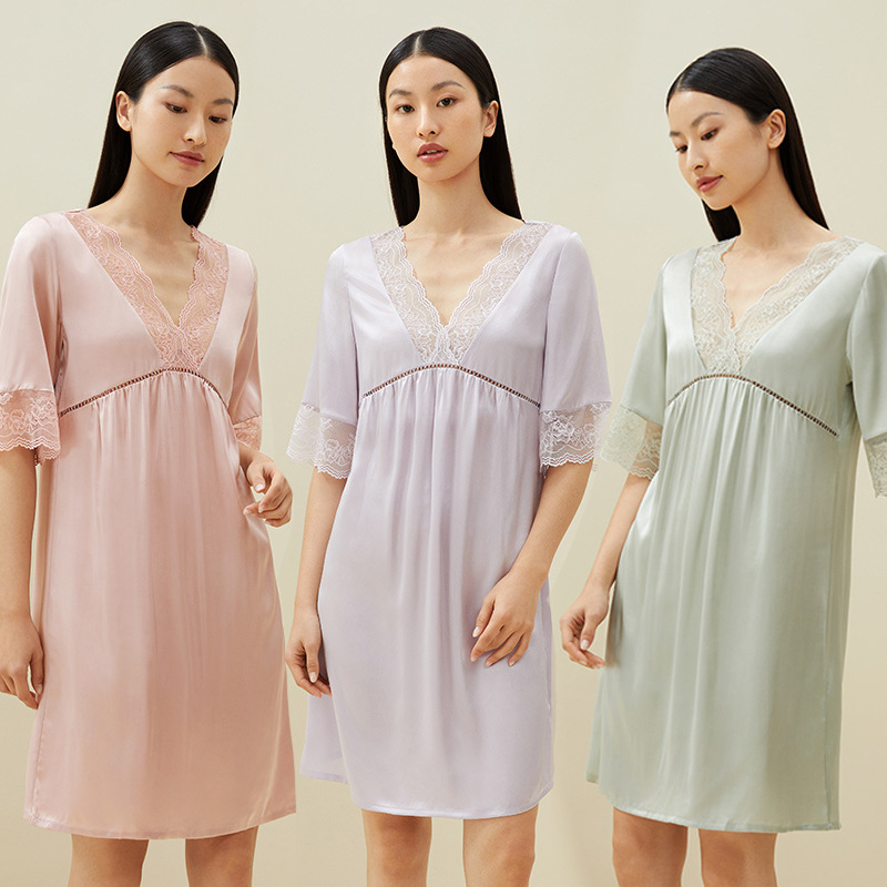 LW1355 Large size mulberry silk nightdress female mulberry silk lace solid color comfortable loose silk pajamas