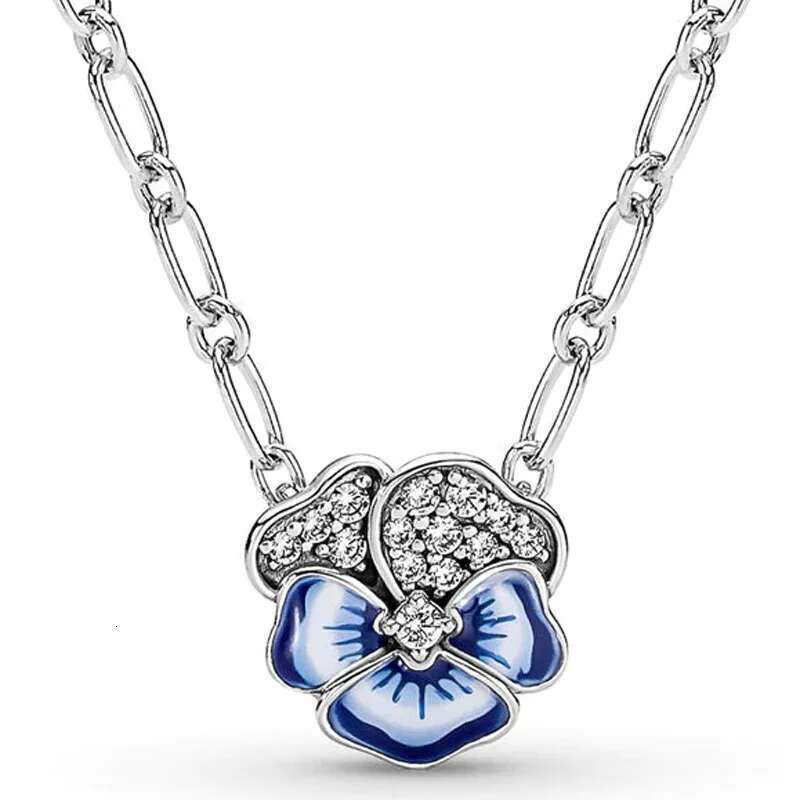 Authentic Sterling Sier Blue Enamel Pansy Flower Earring Necklace With Crystal For Women Jewelry Set Gift