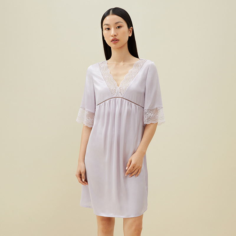 LW1355 Large size mulberry silk nightdress female mulberry silk lace solid color comfortable loose silk pajamas