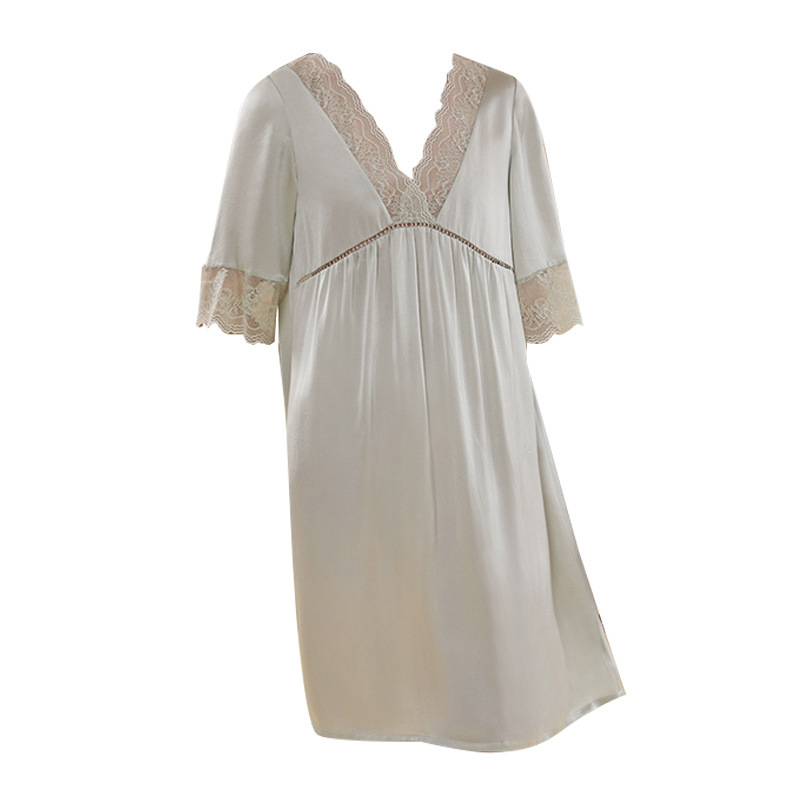 LW1355 Large size mulberry silk nightdress female mulberry silk lace solid color comfortable loose silk pajamas