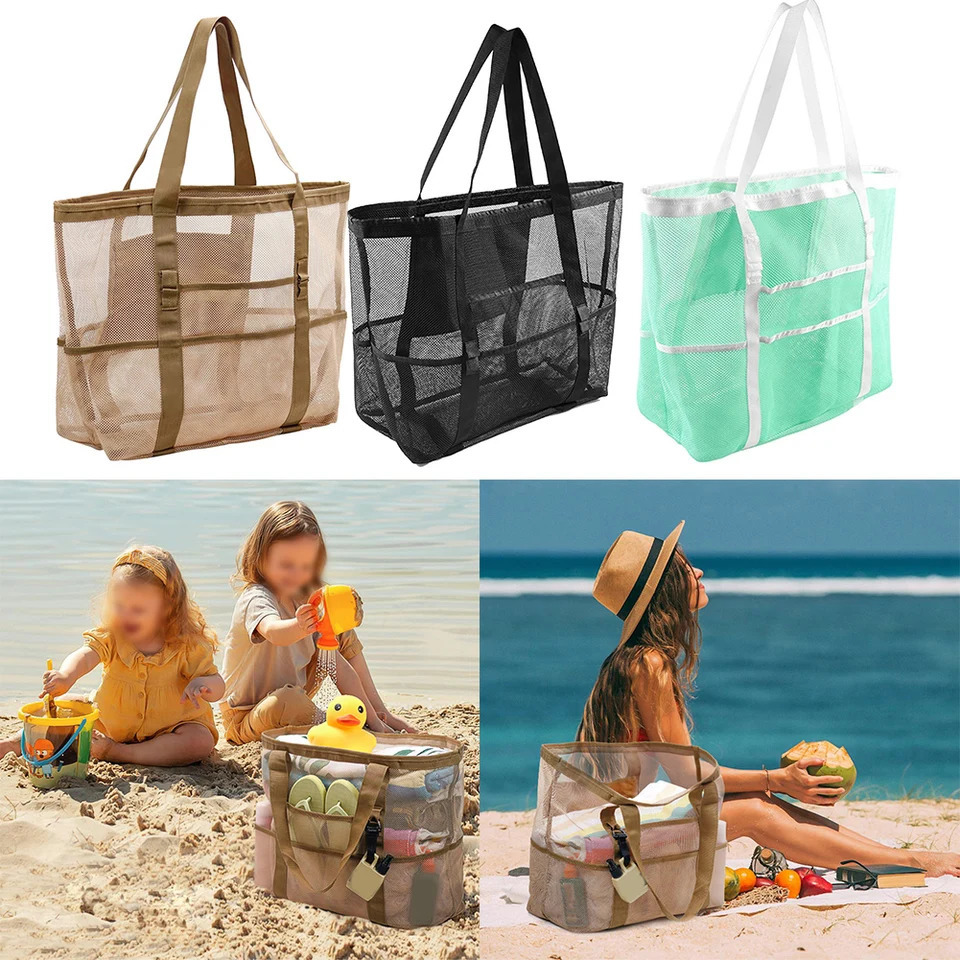 1 Pc Beach Tote Bag Mesh Hollow Foldable Bathroom Storage Bag With Mini Pocket For Swimming Beach HandBag Accessories 250515