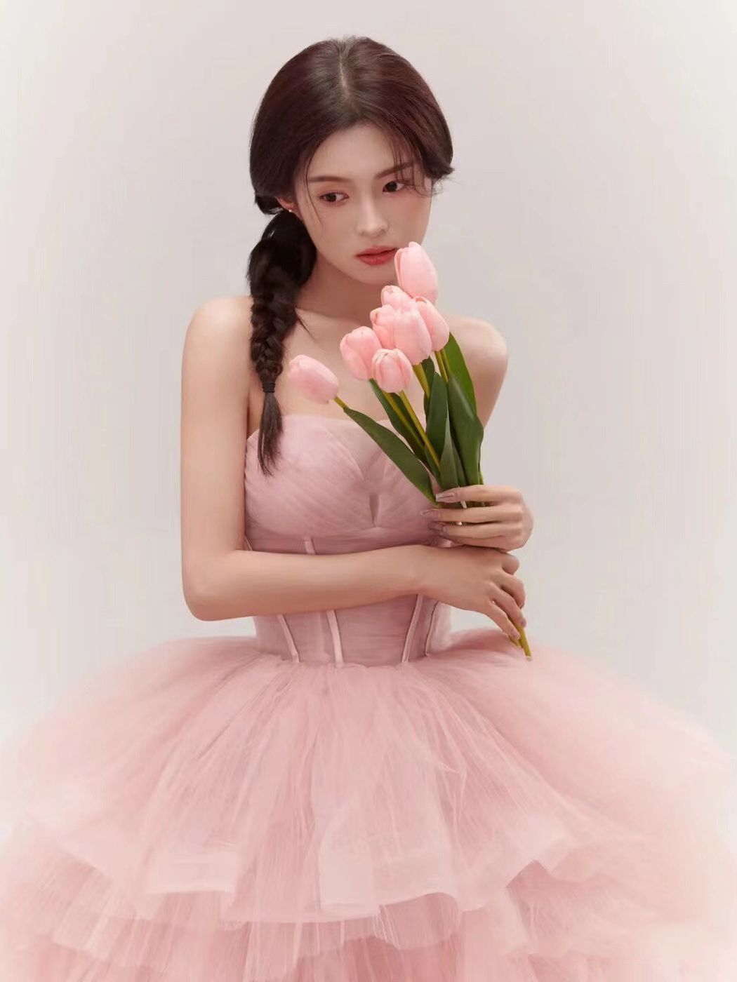 Fairy-Like Pink Net-Sheer Wedding Gown Featuring Fish-Boned Waist Cincher & Wide Skirt Pink Off-The-Shoulder Halter Neck Corset Wedding Dress