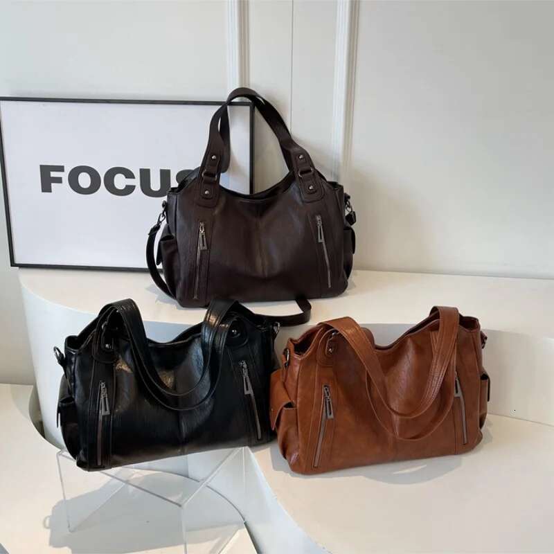 Fashion Zipper PU Handbag Large Capacity Shoulder 2025 High Quality Commuter Travel Bag Casual Women's B