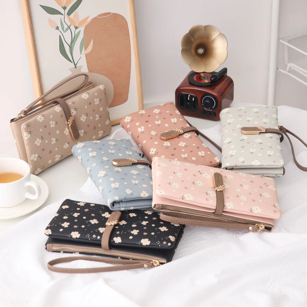 Women Long Wallet Cute Leaf Flower Pattern Zipper Coin Purse Ladies ID Credit Card Holder PU Small Clutch Money Bag 250514