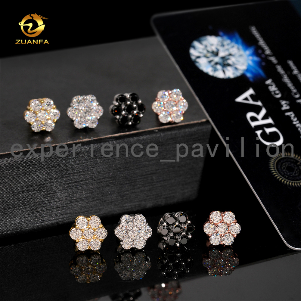 Hot Sale Flower Cluster Moissanite Earrings 925 Sterling Silver Hip Hop Earrings 9mm Screw Back Stud Earrings for Men and Women