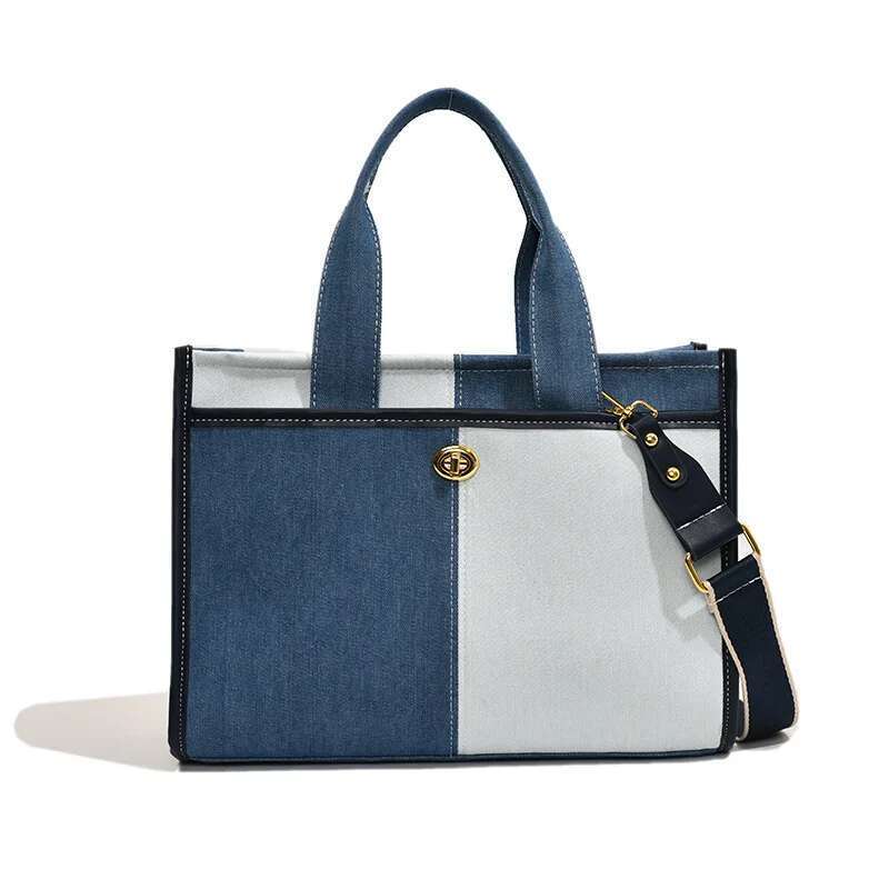 Fashion Contrasting Color Splicing Denim Handbag Women's Shoulder Crossbody Commuter Casual Tote Bag