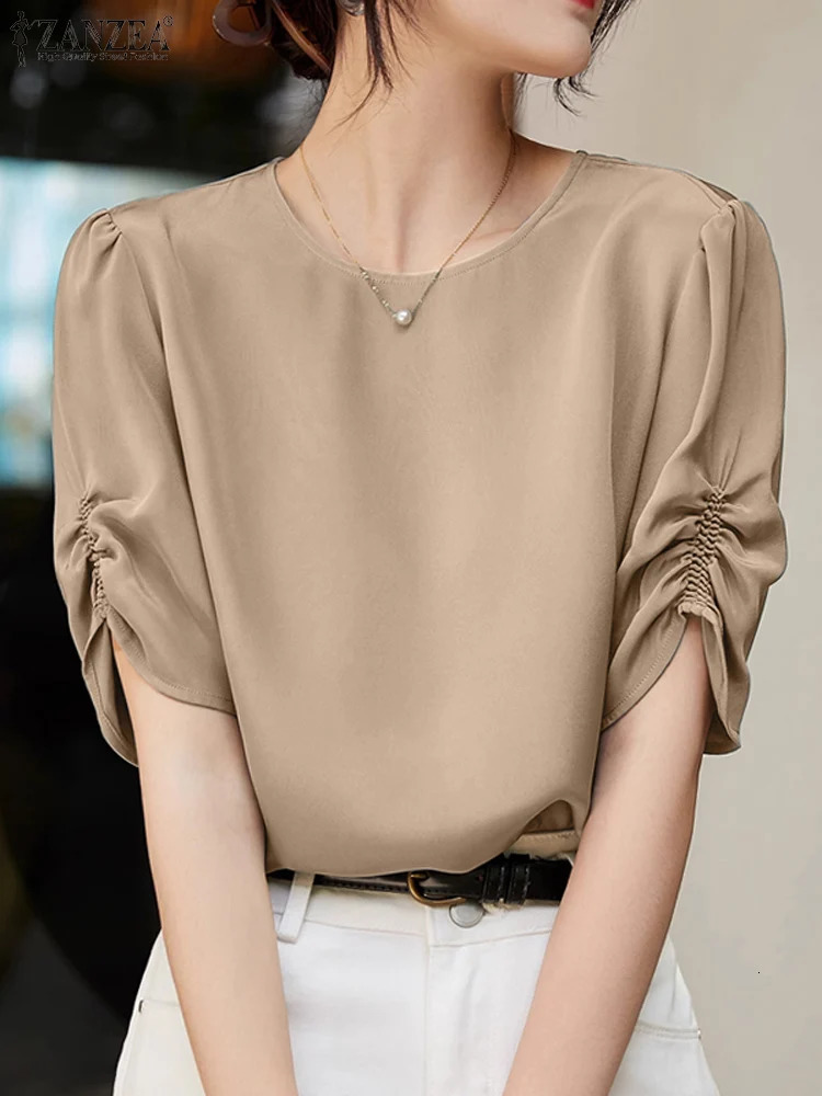 ZANZEA Solid Casual Office Work Tops Fashion Summer Short Sleeve Blouse Women Elegant Loose Party Blusas OL Shirt Chemise 250514