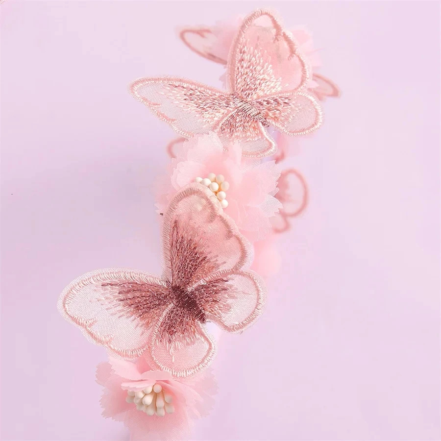 Korean Handmade Butterfly Flower Girls Headbands Cute Pearl Feather Wedding Crown Princess Dance Party Headwear Hoop Accessories 250509