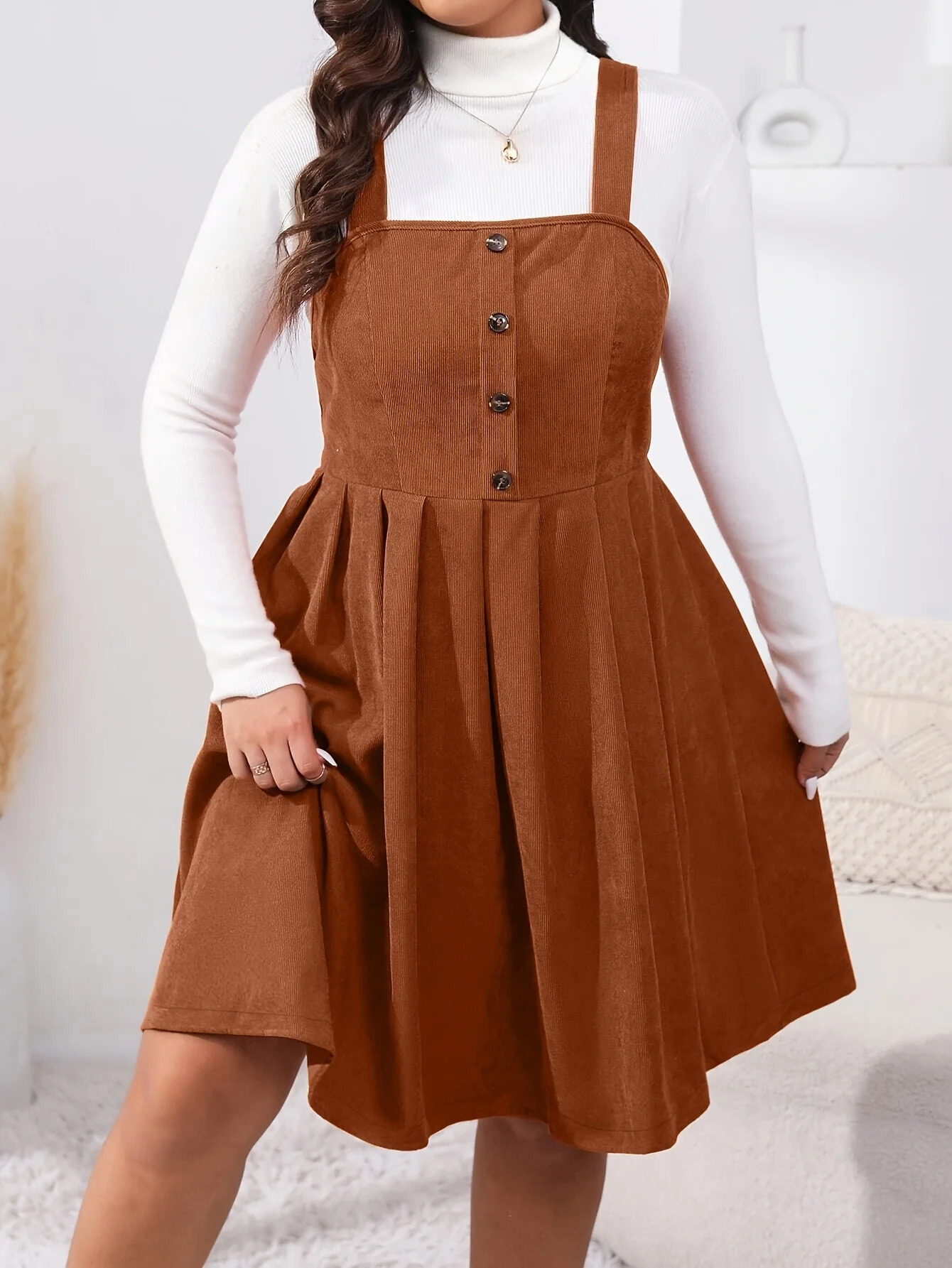 Plus size womens evening dress halter button pleated dress corduroy fabric can be paired with a base layer sweater elegant 250509