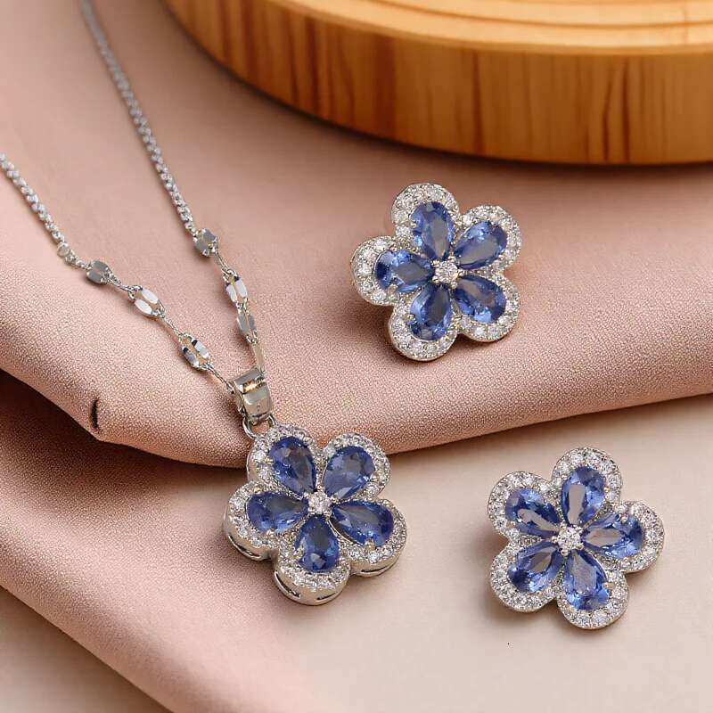 Blue Stone Cherry Flower Pendant Stud Earrings For Women Bridal Wedding Party Zircon Clavicle Necklace Jewelry Sets