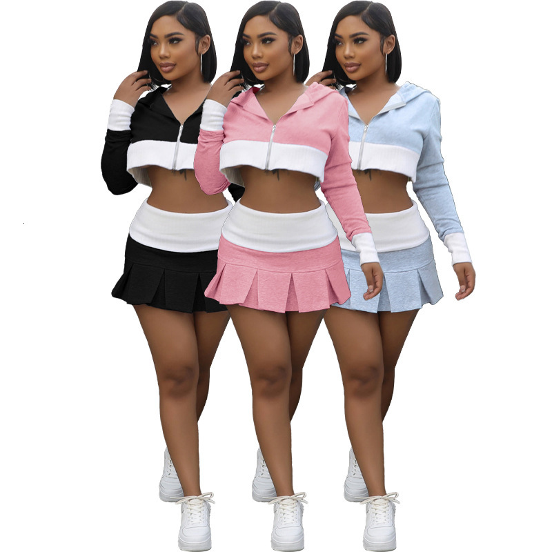 HR24023 Fashion Womens Color Contrast Panel Long sleeved Hooded Folded H-shaped Skirt Short Skirt Set of Two