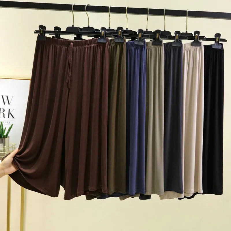 Plus size L to 6XL U-Neck Womens Modal pant calf-length summer wide leg pants drawstring short pants casual homewear pants 250515