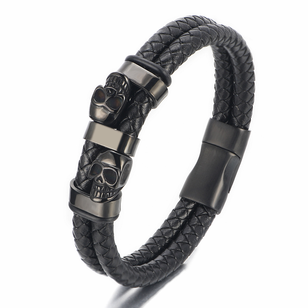 European/American Aesthetic Unisex Skeletal Motif Braid Bracelets Made from High-Quality Metal and Premium Leather