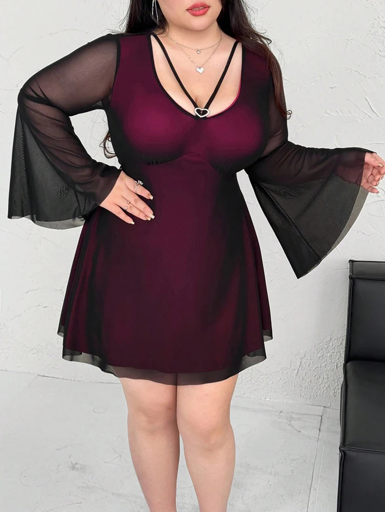Plus Size 2025 Sexy Color Crash V Neck Love Heart Flared Sleeve Long Sleeve A Pendulum Dress Short Dress 250515