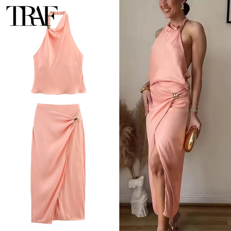 TRAF Pink Pleated Skirt Set 2 Piece Woman Satin High Waist Midi Women Backless Halter Crop Top Female Beach Womens Skirts 250515