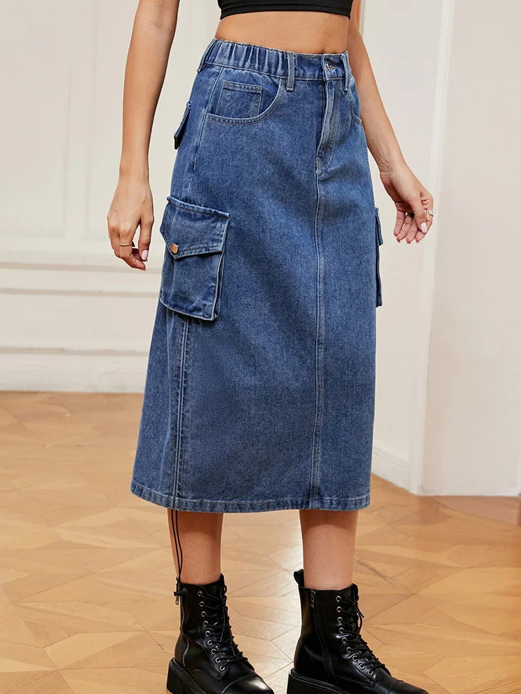 Benuynffy Women Drawstring Cargo Jean Skirt Fashion Vintage High Waist Straight Long Denim Skirts with Pockets Casual Streetwear 250515