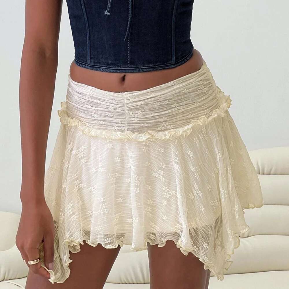Women's Fashion Asymmetrical Mini Ruched Mid Rise Lace Irregular Hem Short Skirts Streetwear Haruku Aesthetic Clothes