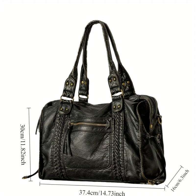 Women's Fashion Vintage Washed Soft Leather Tote Large Capacity Commuter Multi-Pocket Shoulder Messenger Bag