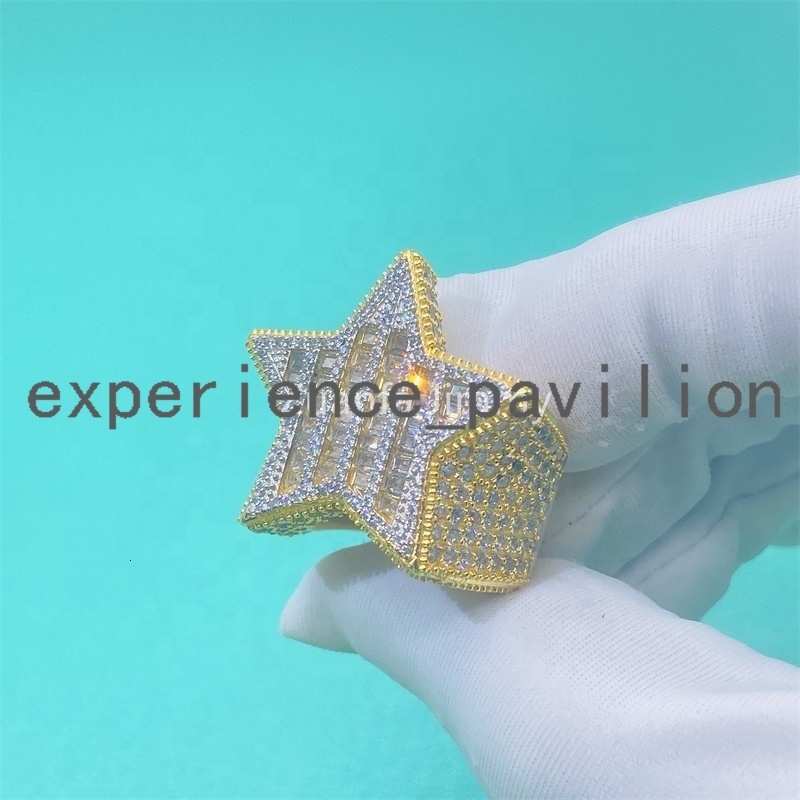Luxury Hip Hop Ring 14K Gold Plated Fully Iced Out Moissanite Baguette Diamond Champion Men Rings