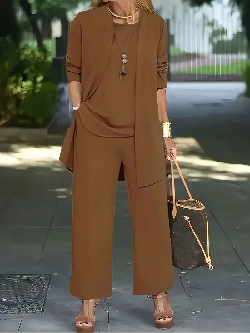 Plus Size 1XL-5XL Womens Fashion Three-Piece Outfit Set Ladies Casual Long Sleeve Cardigan Tank Top and Long Pants Outfits 250514
